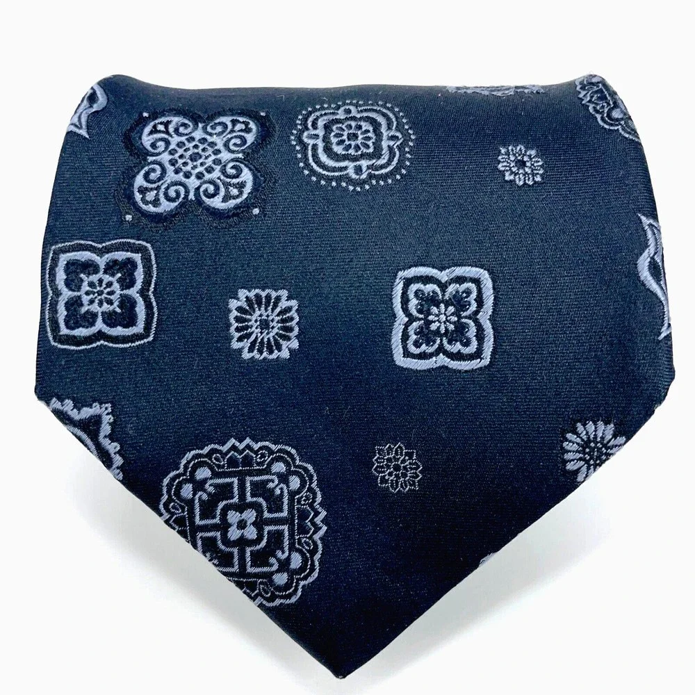 DOLCE & GABBANA Black Gray Embroidered Design 100% Silk Necktie Made in Italy